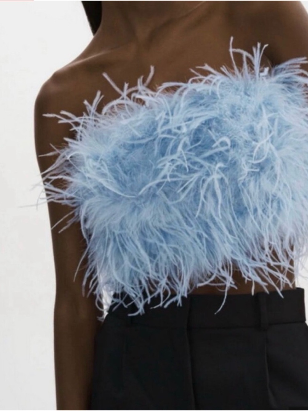 Lamarque Light Blue Feathered Strapless Crop Top